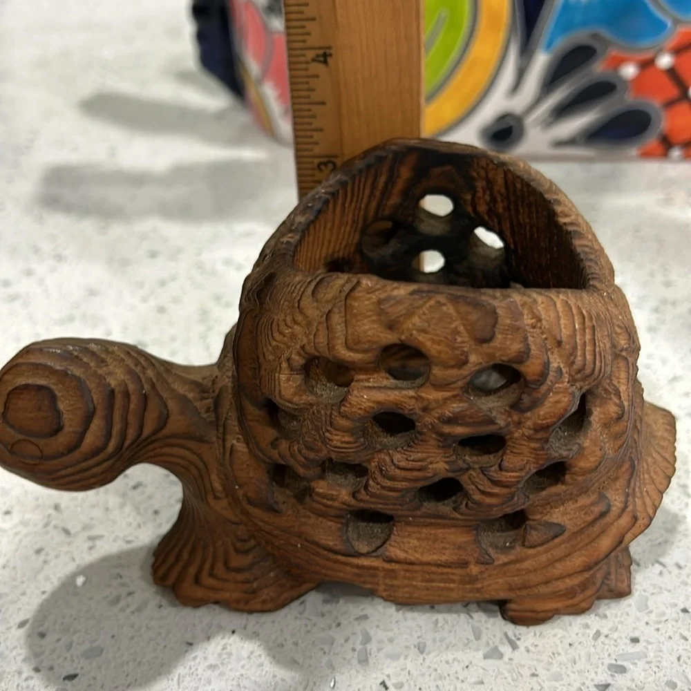 Vintage Hand Carved Wood Turtle Tea Light Holder Decor Shelf Sitter